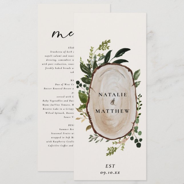 Carte de Menu de Mariage Feuillage Tranche de Bois (Devant / Derrière)