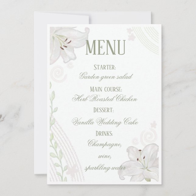 Carte de menu de mariage Fleur de Lys blanche dess (Devant)