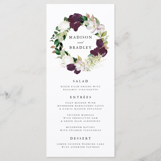 Carte de menu de mariage Fleur de Prunier foncé (Devant)