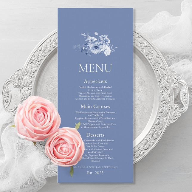 Carte de Menu de Mariage Fleurie Bleu Poussiéreux (Créateur téléchargé)