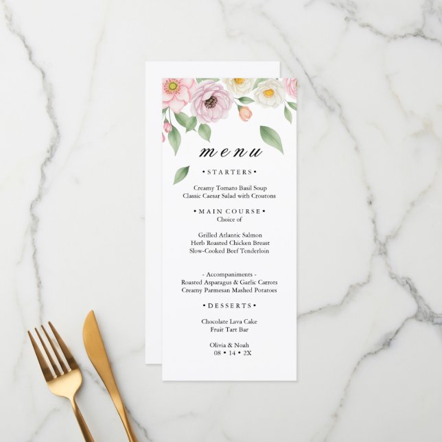Carte de Menu de Mariage Fleurie Rose Blush Blanc  (Devant/Arrière en situation)
