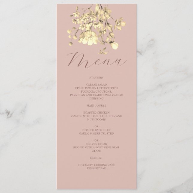 Carte de Menu de Mariage Fleurie Rose Gold (Devant)