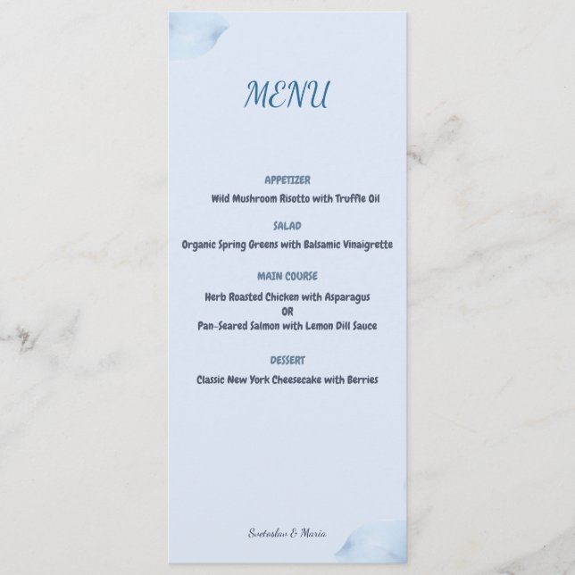 Carte de menu de mariage floral aquarelle bleu élé (Devant)