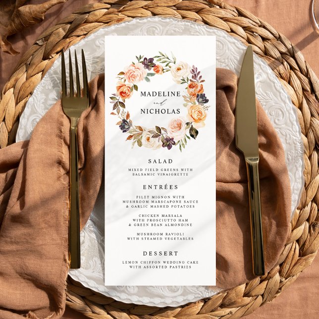 Carte de menu de mariage floral automnal rustique  (Créateur téléchargé)