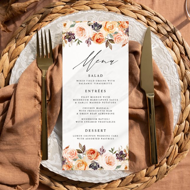 Carte de menu de mariage floral automnal rustique  (Créateur téléchargé)