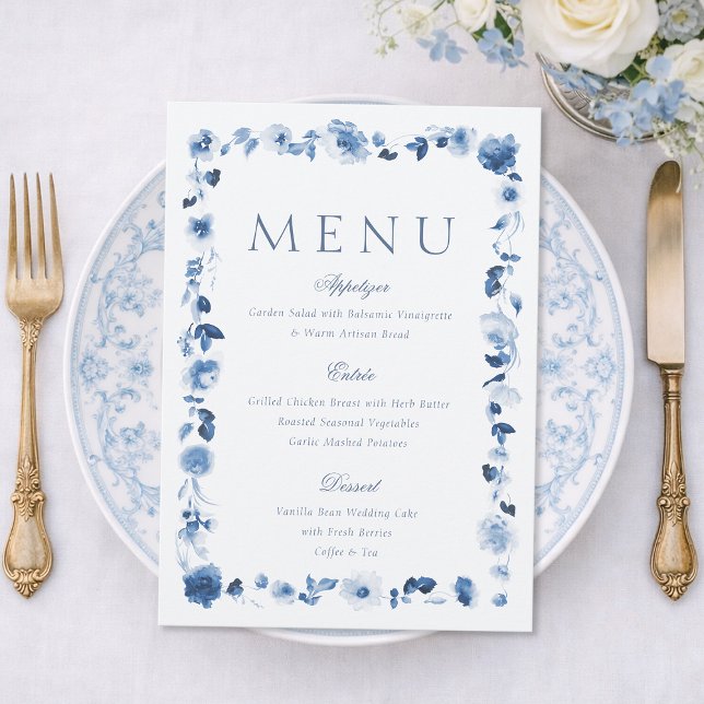 Carte de menu de mariage floral bleu poussiéreux (Créateur téléchargé)