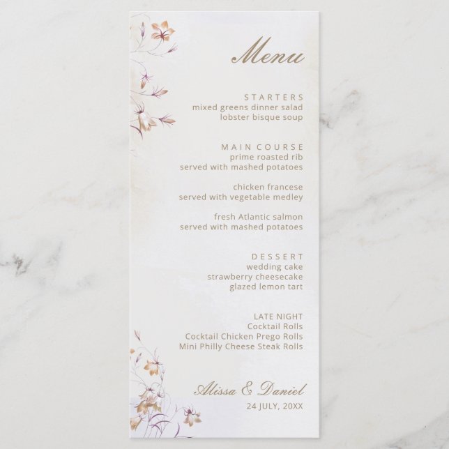 Carte de Menu de Mariage Floral Bohème (Devant)