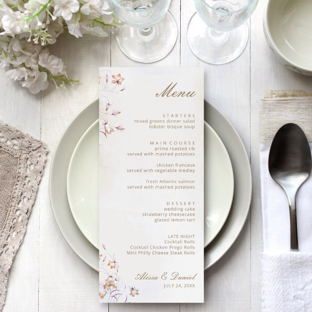 Carte de Menu de Mariage Floral Bohème (Boho Floral Wedding Menu Card on a white wedding dinner table)