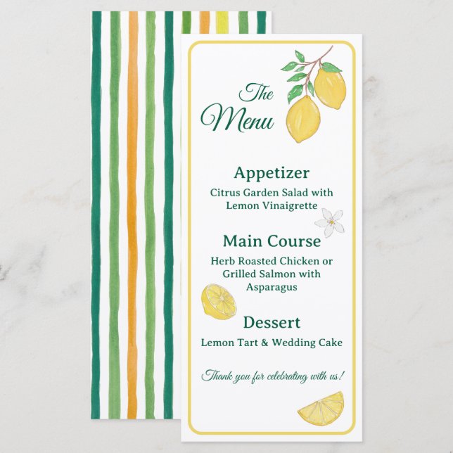 Carte de menu de mariage floral citron et lime chi (Devant / Derrière)
