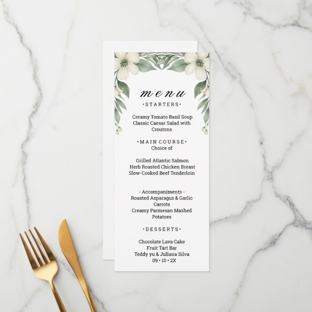 Carte de Menu de Mariage Floral d'Anémone Blanche (Devant/Arrière en situation)