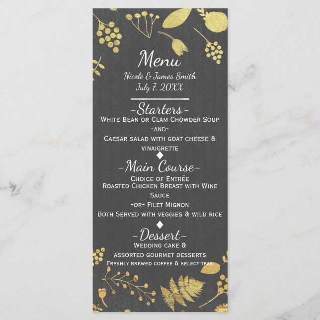 Carte de menu de mariage floral gris charbon et or (Devant)