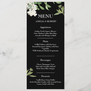 Carte de menu de mariage floral noir et blanc mode
