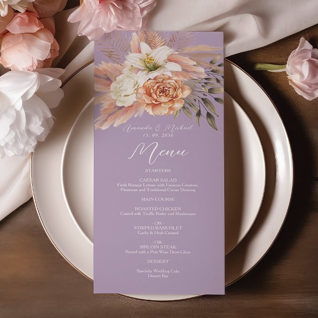 Carte de menu de mariage floral pêche et violet (Créateur téléchargé)