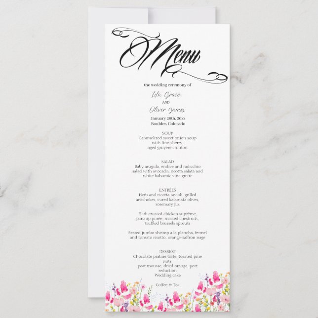 Carte de menu de mariage floral rose chaud de luxe (Devant)