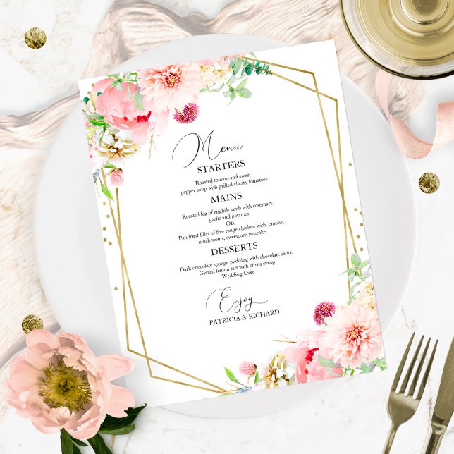 Carte de menu de mariage floral rose élégant géomé (Créateur téléchargé)