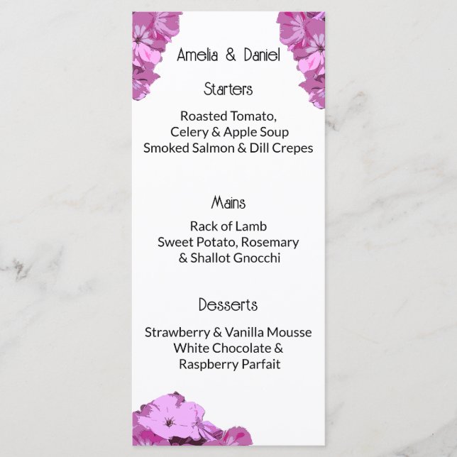 Carte de menu de mariage floral rose moderne d'été (Devant)