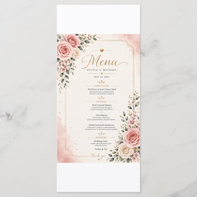 Carte de menu de mariage floral rose pastel | Aqua (Devant)