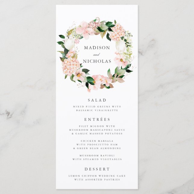 Carte de menu de mariage floral rose printanier (Devant)