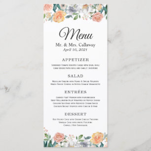 Carte de menu de mariage floral Roses de jardin Pi