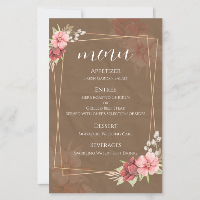 Carte de menu de mariage floral rustique (Devant)
