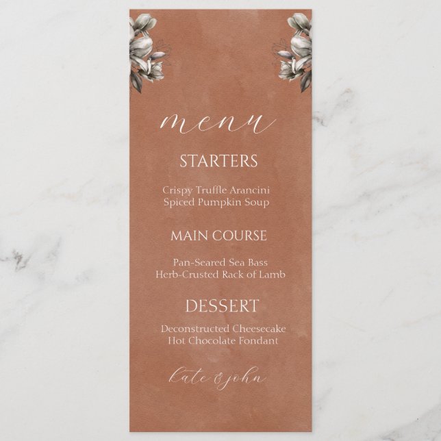 Carte de menu de mariage floral rustique - Terraco (Devant)