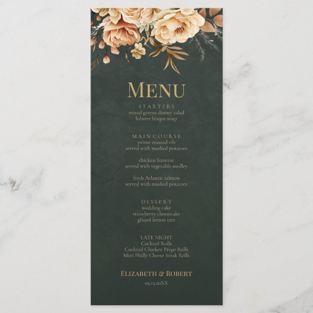 Carte de menu de mariage floral vert sorcière de l (Devant)