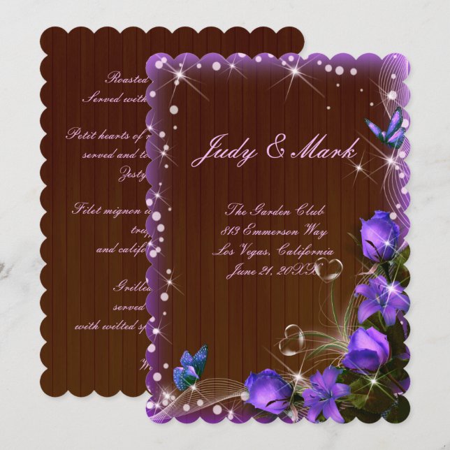 Carte de Menu de Mariage Floral Violet en Bois Som (Devant / Derrière)