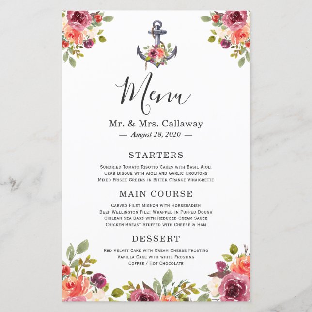 Carte de menu de mariage florale à l'ancre de mari (Devant)
