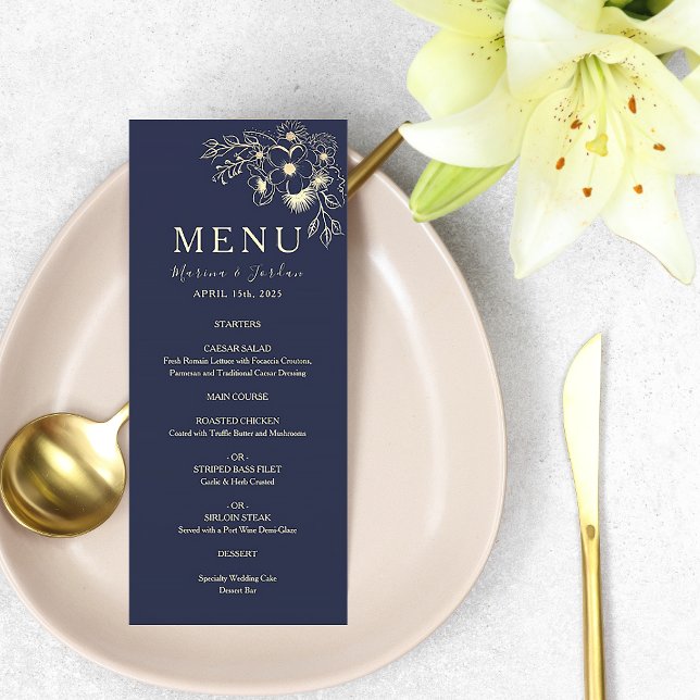 Carte de menu de mariage florale bleu marine éléga (Créateur téléchargé)