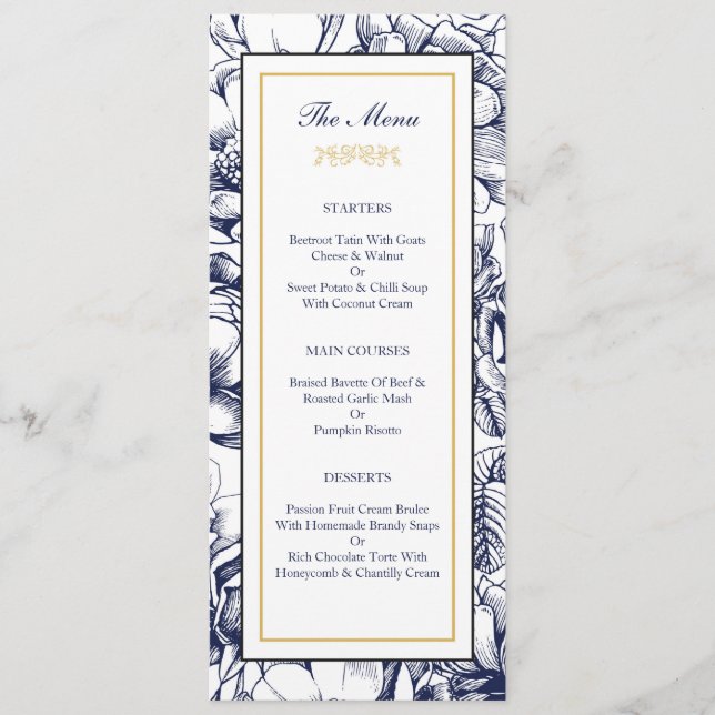 Carte de menu de mariage florale bleu minuit et or (Devant)