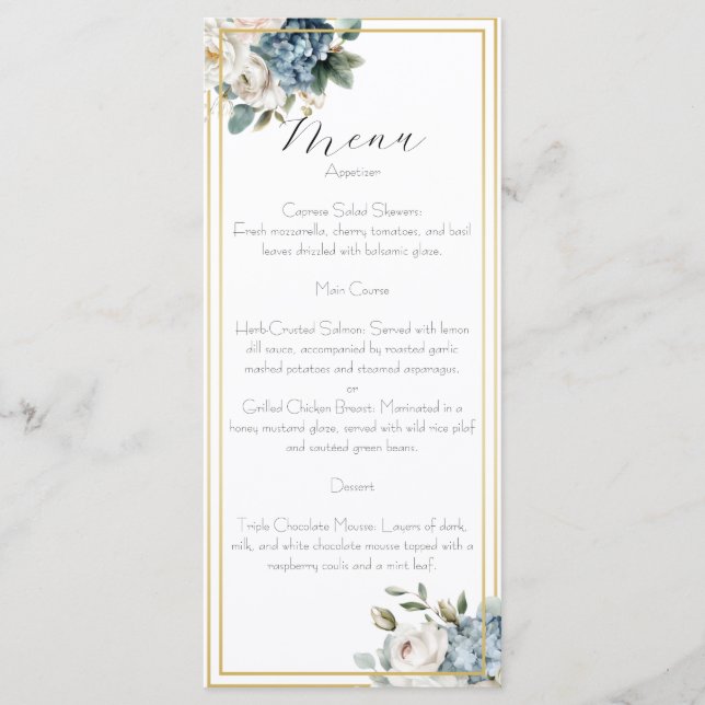 Carte de menu de mariage florale bleu poussiéreux  (Devant)