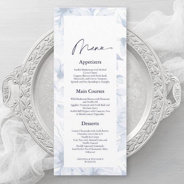Carte de menu de mariage florale bleu poussiéreux (Créateur téléchargé)