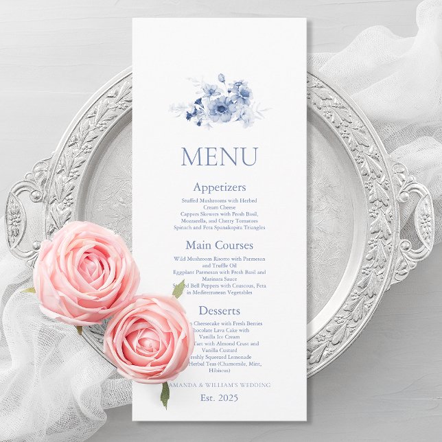 Carte de menu de mariage florale bleu poussiéreux (Créateur téléchargé)