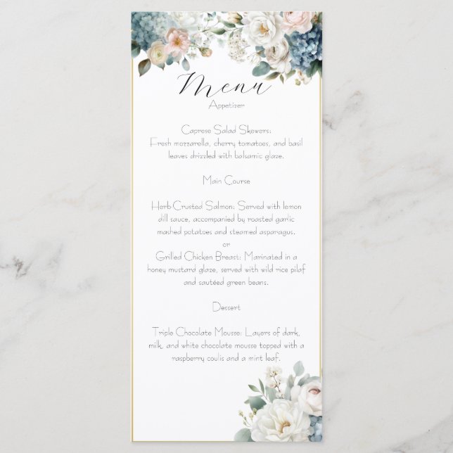 Carte de menu de mariage florale bleu poussiéreux  (Devant)