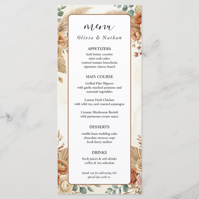 Carte de menu de mariage florale Boho Luxe Pampas (Devant)