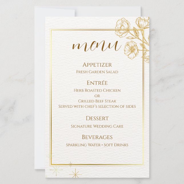 Carte de menu de mariage florale élégante en or (Devant)