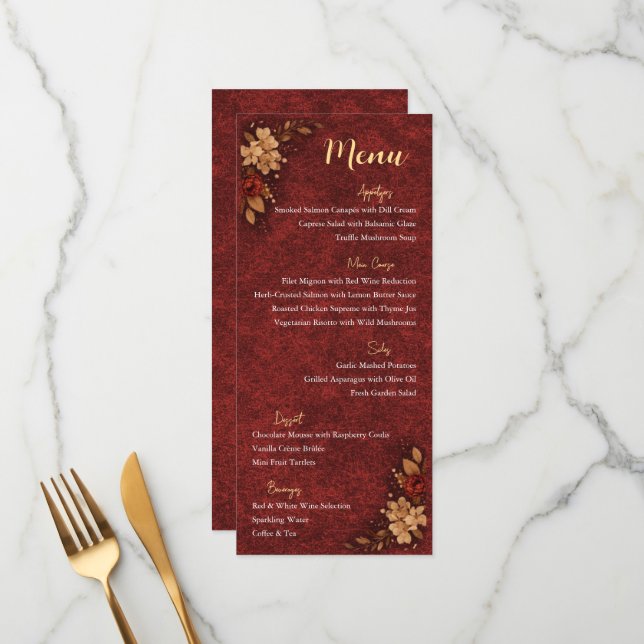 Carte de menu de mariage florale en Bourgogne et o (Devant/Arrière en situation)