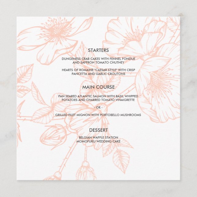 Carte de menu de mariage florale en feuille d'or r (Devant)