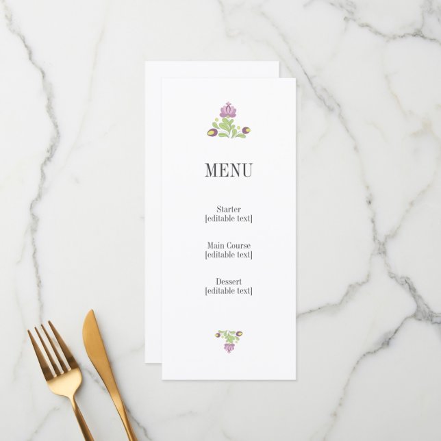 Carte de menu de mariage florale folklorique perso (Devant/Arrière en situation)