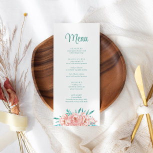 Carte de Menu de Mariage Florale Pêche et Turquois