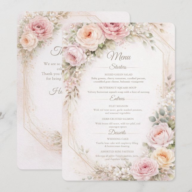 Carte de Menu de Mariage Florale Rose Élégante (Devant / Derrière)