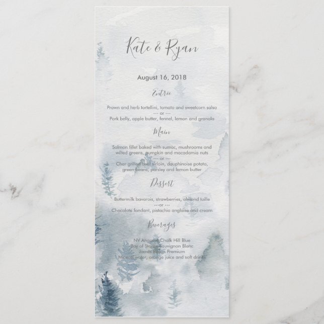 Carte de menu de mariage forêt aquarelle (Devant)