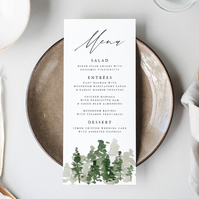 Carte de menu de mariage Forêt de pins rustique (Créateur téléchargé)