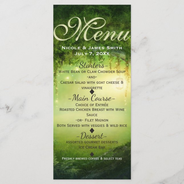 Carte de menu de mariage Forêt enchantée & Lumière (Devant)