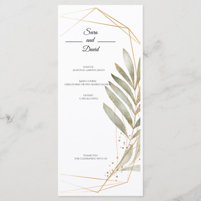 Carte de menu de mariage géométrique or élégante a (Devant)
