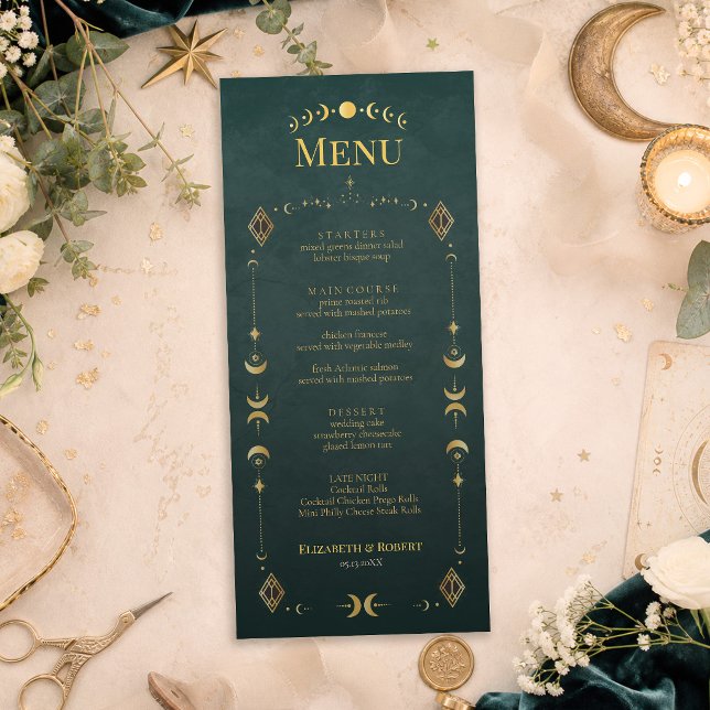 Carte de Menu de Mariage Gothique Céleste Sombre T (Celestial Gothic Dark Teal Wedding Menu Card with celestial wedding decor and flowers)