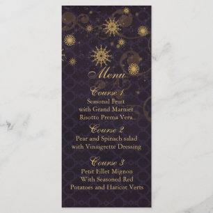 Carte de menu de mariage hivernal en or violet