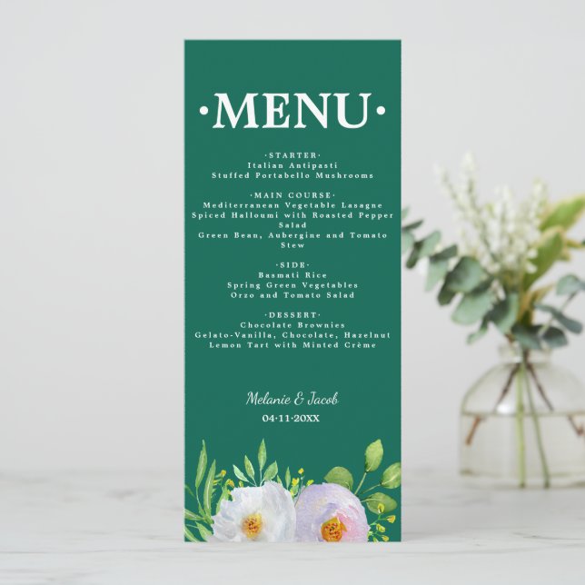 Carte de menu de mariage imprimable floral vert fo (Debout devant)