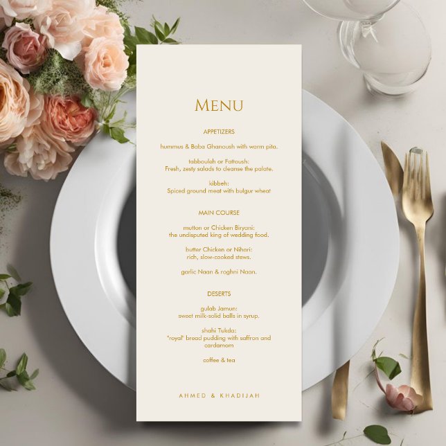 Carte de Menu de Mariage Islamique Élégante et Dor (Créateur téléchargé)