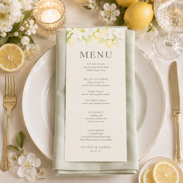 Carte de Menu de Mariage Jardin de Fleurs de Citro (Lemon Blossom Ivory Garden Wedding Menu Card)